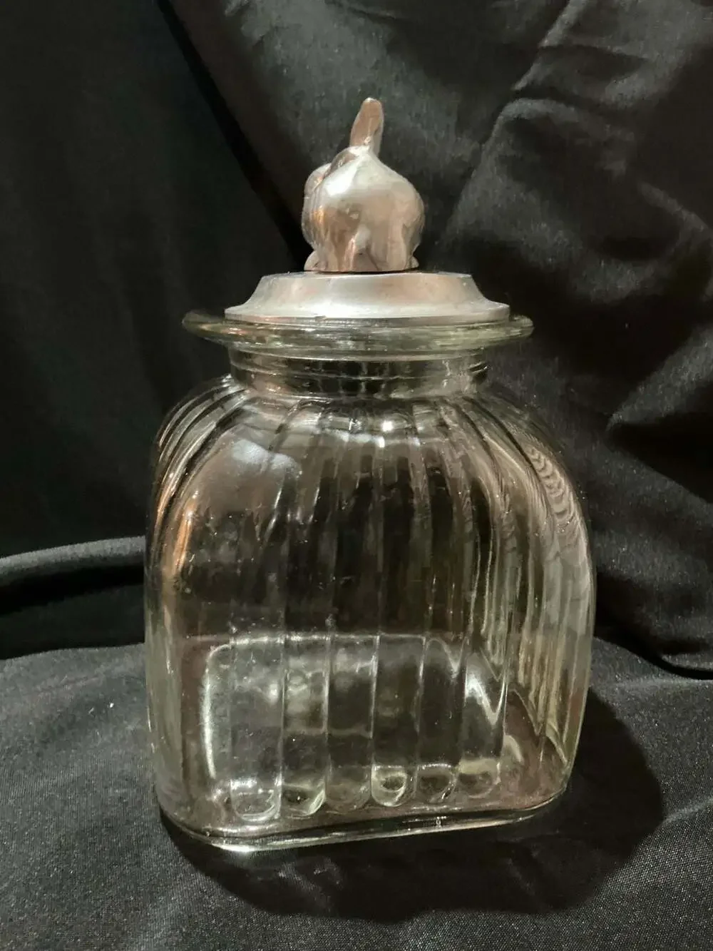 Unbranded Ribbed Glass Apothecary Canister With Pewter Rabbit Lid